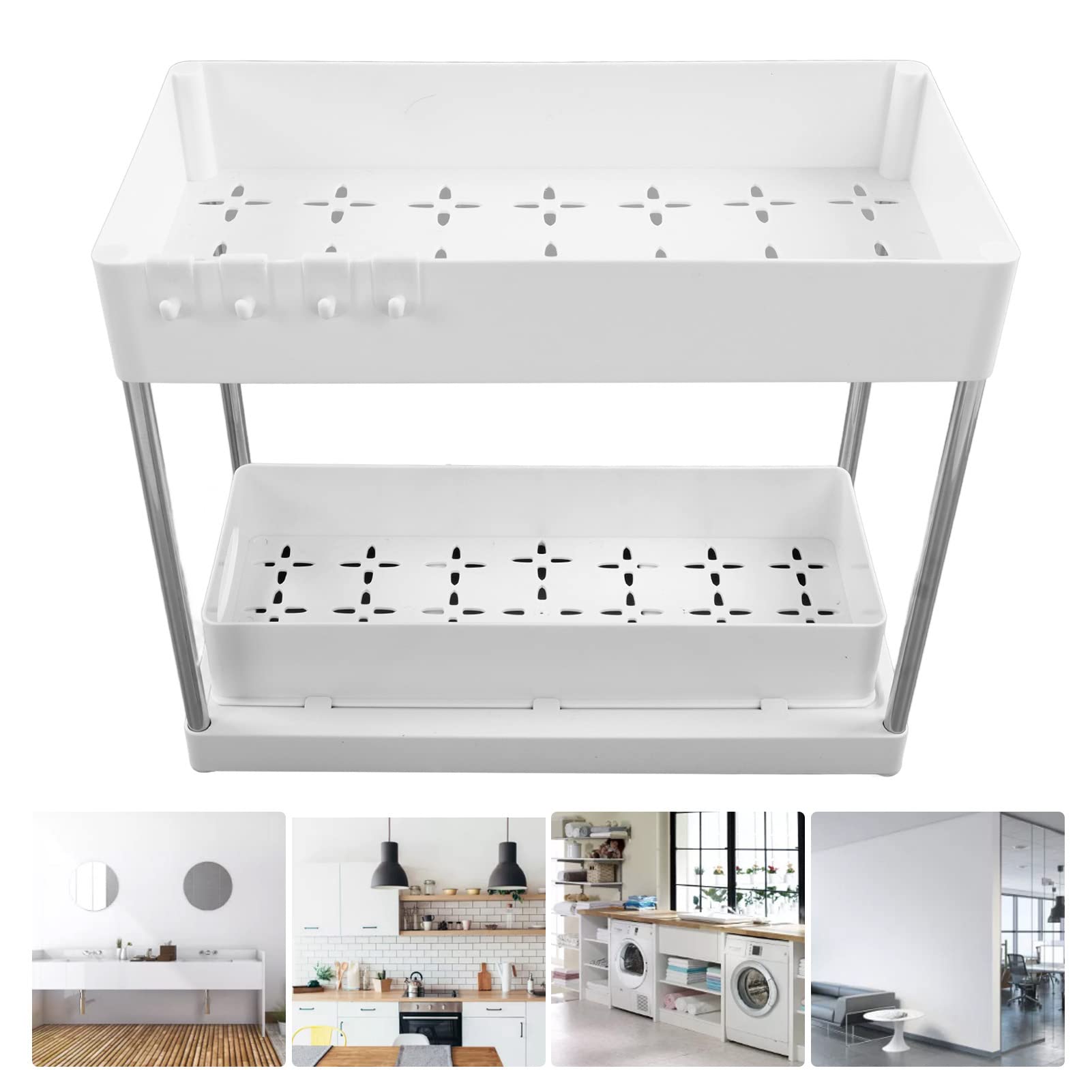 Organizer Estraibile, Scaffale Sotto Il Lavello, Cestelli Portaoggetti Estraibili, Organizer Sotto Il Lavello in ABS, Cassetti Scorrevoli Per Cucina, Bagno, Cosmetici(Bianco)