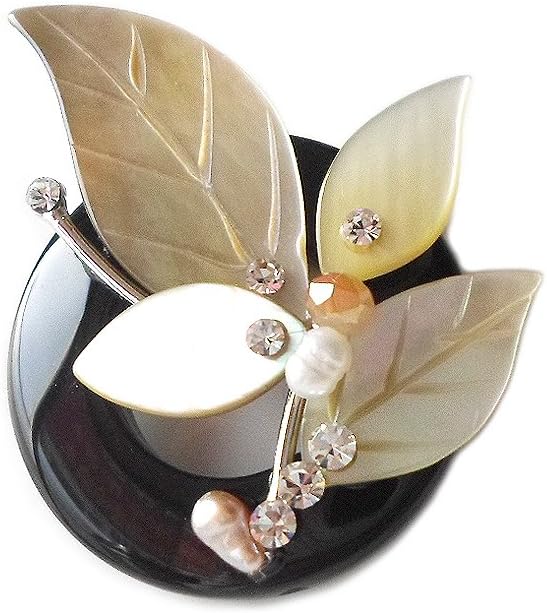 Women Handmade Onyx Mother of Pearl Crystal Pearl Flower Ornate Small Point Brooch Pin Black