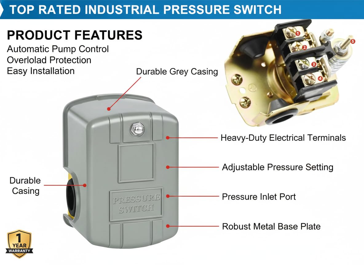 KISAN Heavy-Duty Adjustable Water Pump Pressure Switch – Universal Dual Spring Control for Well Pumps and Air Compressors – 40/60 PSI Pre-Set 2