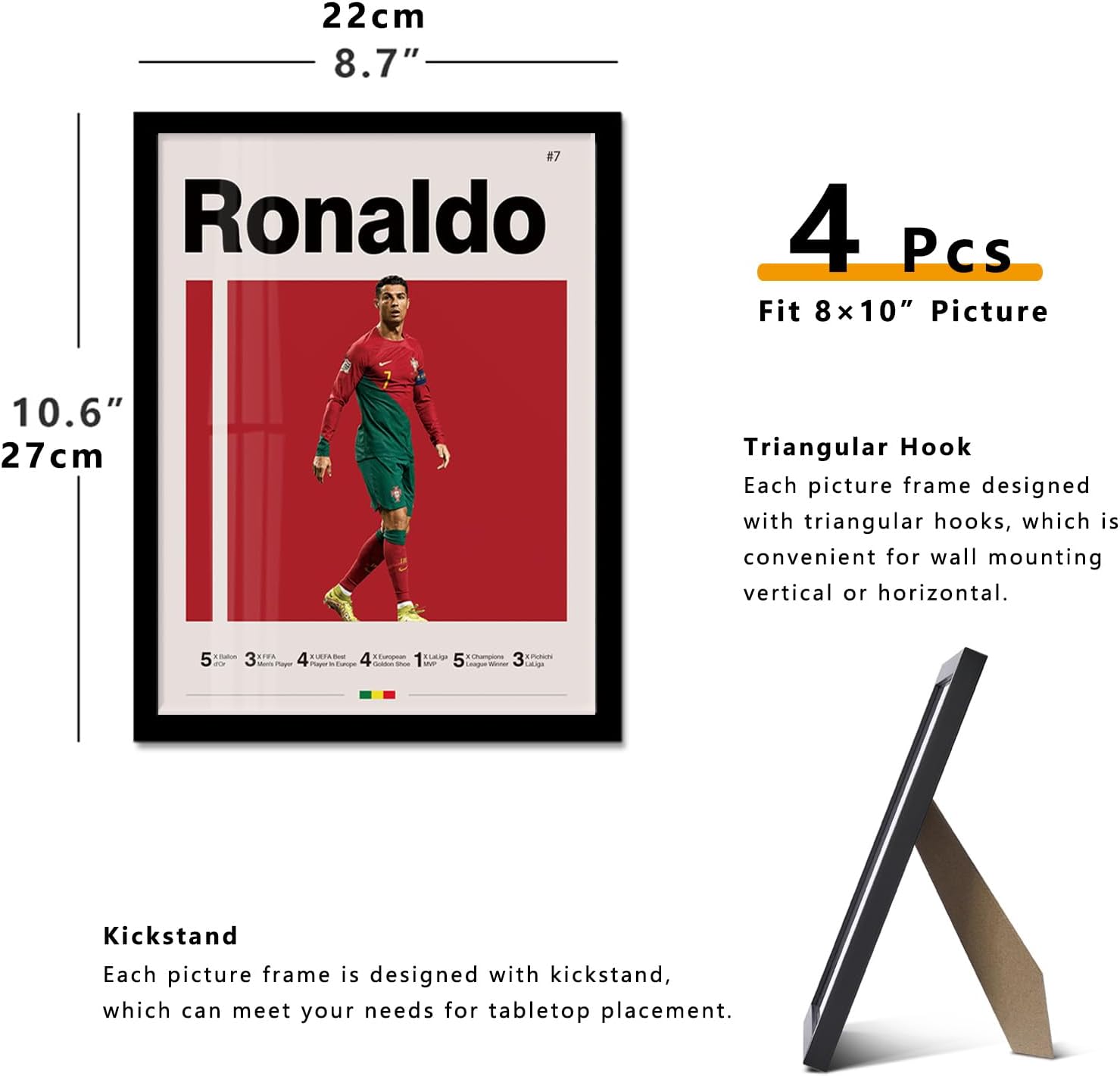 Soccer Posters 8x10 Inch Framed Canvas Prints Set of 4 - Messi, Ronaldo, Mbape And Neymar Famous Football Superstar Poster Sports Decor for Boys Bedroom Wall Art