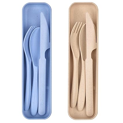 Camping Utensils Set with Case, 4 Pack Reusable Utensils Set, Wheat Straw Spoon Knife Forks Portable Cutlery Set, Travel Utensil Set with Case for Kids Adult Picnic Camping or Birthday