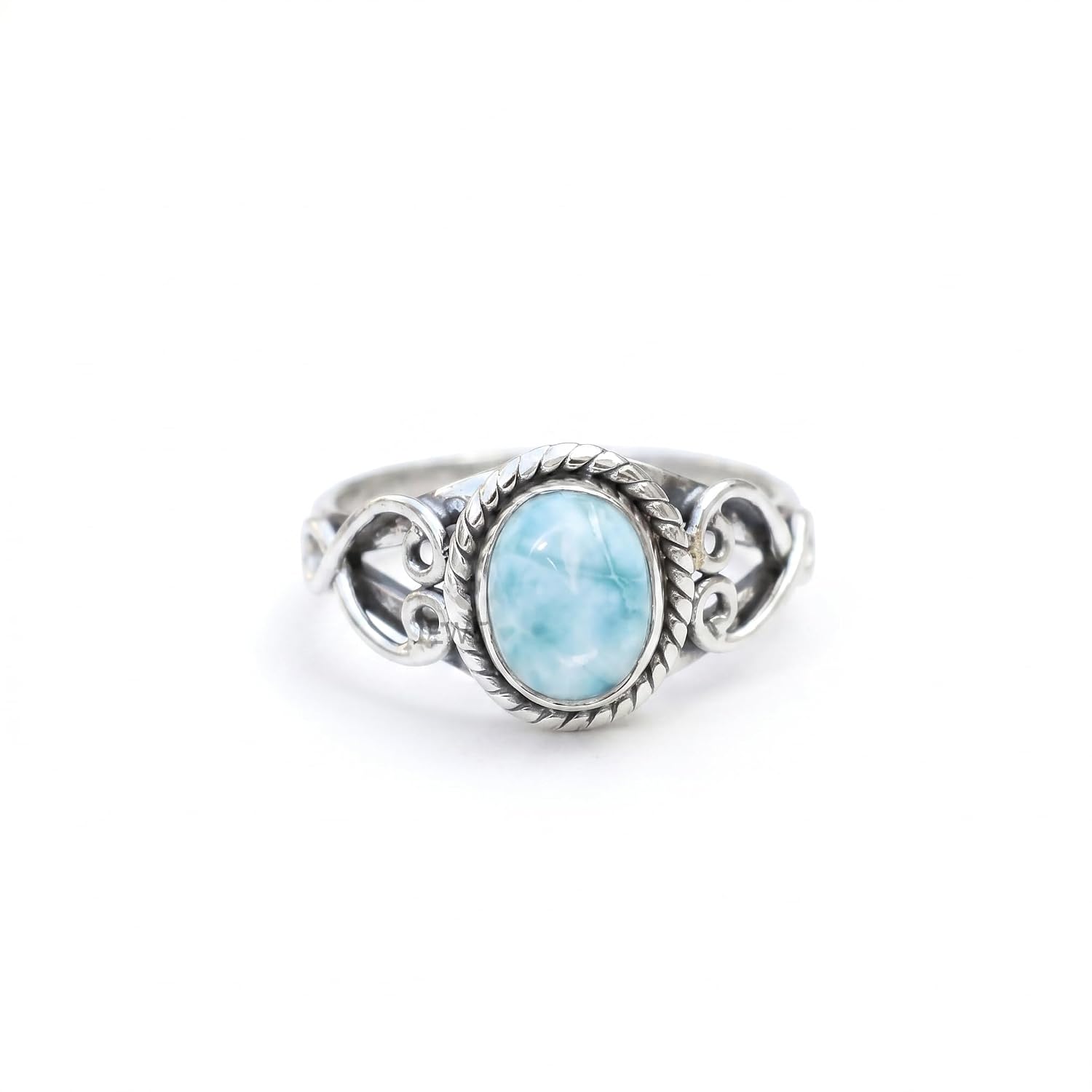 JUS Natural Larimar Ring for Women 925 Sterling Silver Blue Gemstone Oval Cabochon Handmade Vintage Statement Ring Boho Engagement Birthday Anniversary Wedding Jewelry Gift for Her