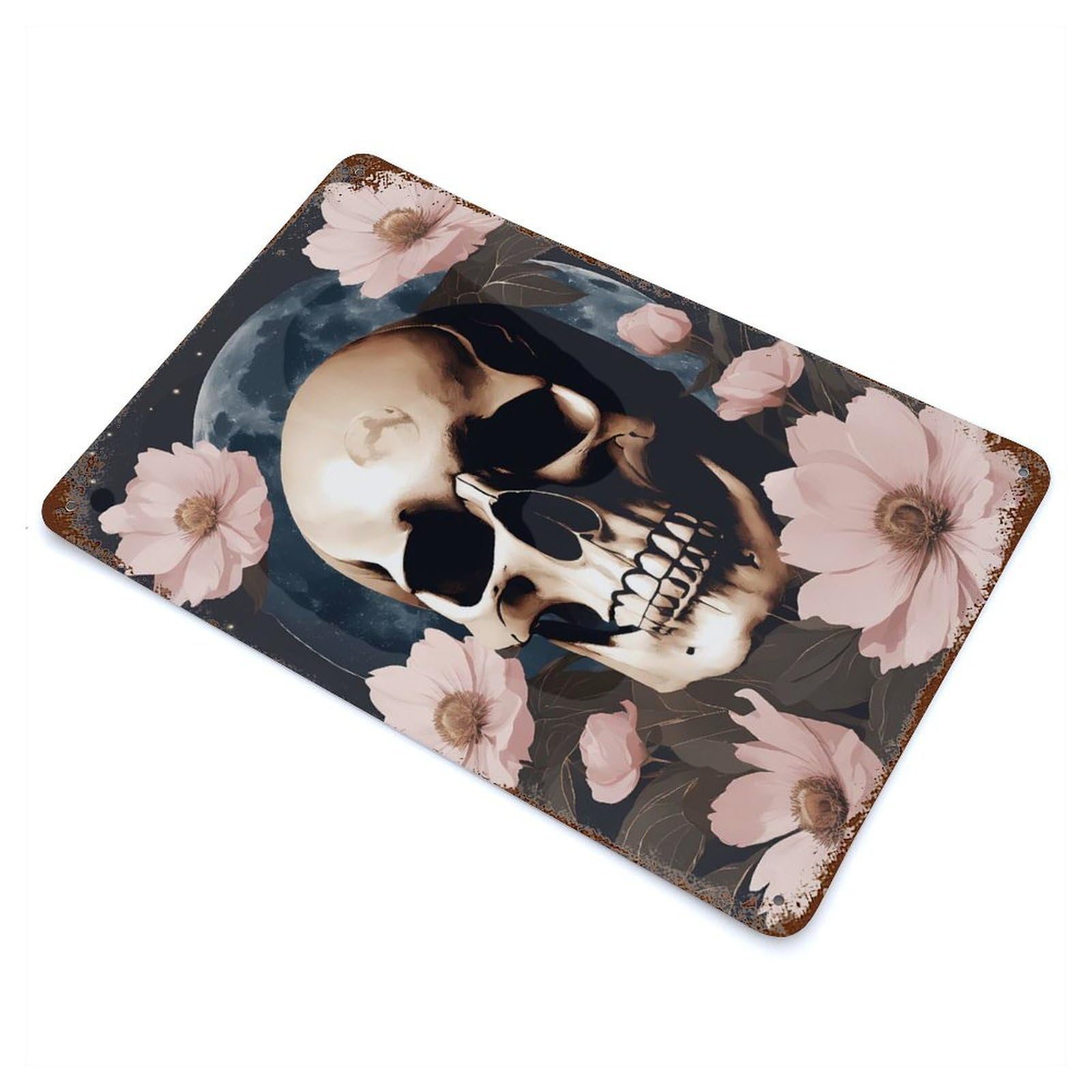 Vintage Rust Metal Sign with Floral Skull Design 11.8"x7.9", for Shed, Workshop And Garage Wall Decor, Classic Wall Plaque