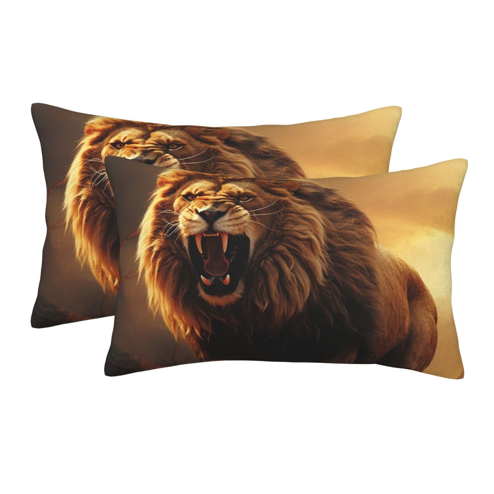 2 Pack Pillow Cases with Hidden Zipper, Soft Breathable Pillow Covers for Hair and Skin, Angry Roaring Lion Pillowcases 16"x24" Bed Pillow Protectors Cover for Sleeping Gifts