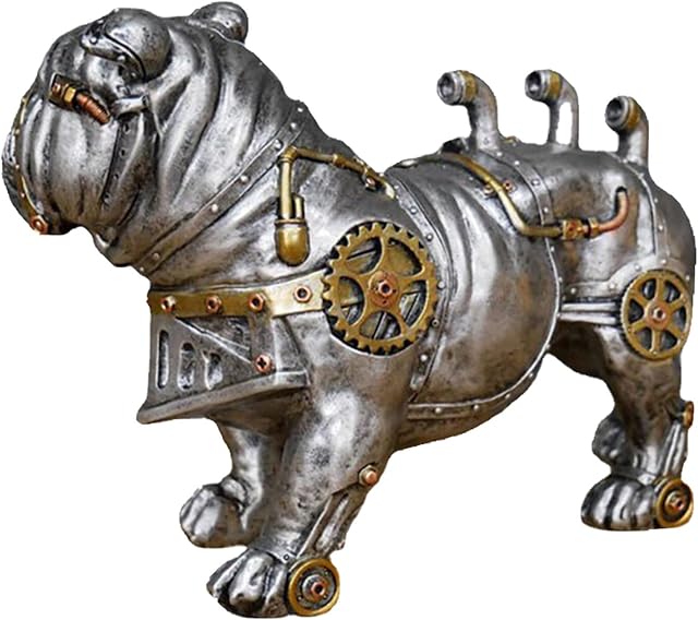 Bluecoolly Mechanical Punk Dog Gothic Steampunk Standing British Bulldog Dog Ornament Industrial Silver Resin Gothic Steampunk Standing British Bulldog18cm