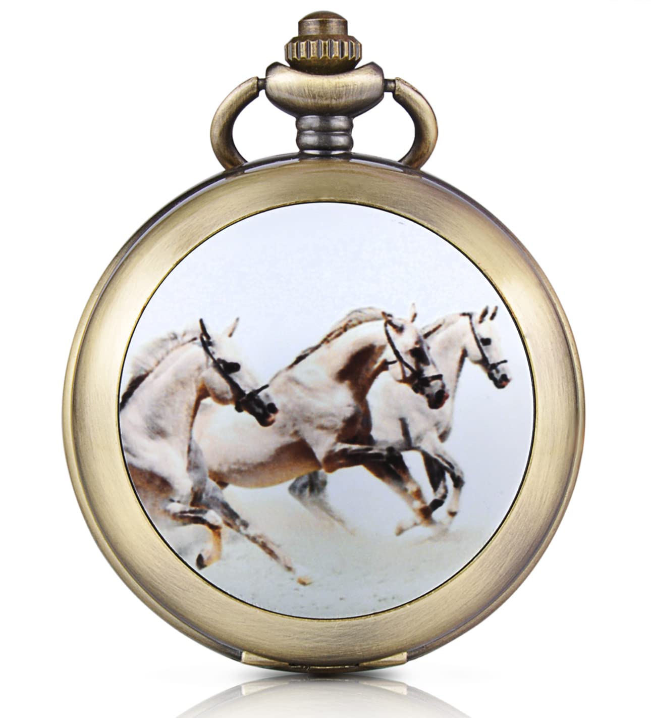 Infinite U Running Horses Skeleton Mechanical Pocket Watch Photo Locket Pendant Hand Wind Roman Numerals White Dial Fob/Long Chain Sweater Necklace