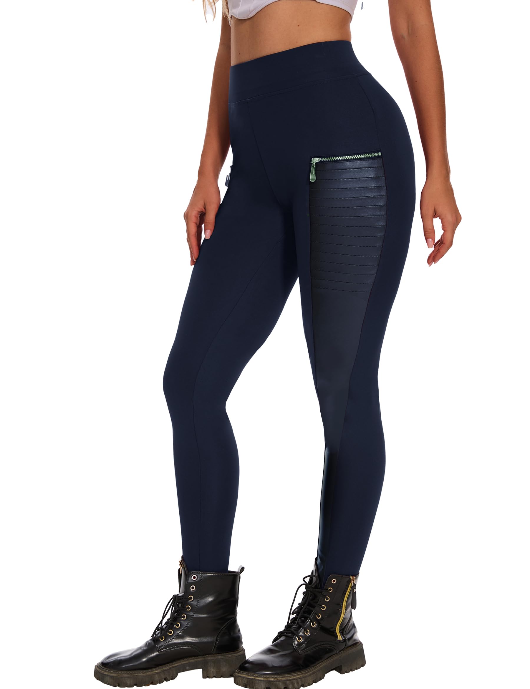 DAOAO Faux Leather Leggings for Women Pleather Pant Elastic Mid Waisted Stretchy Patch Zip Tights: X-Large Navy