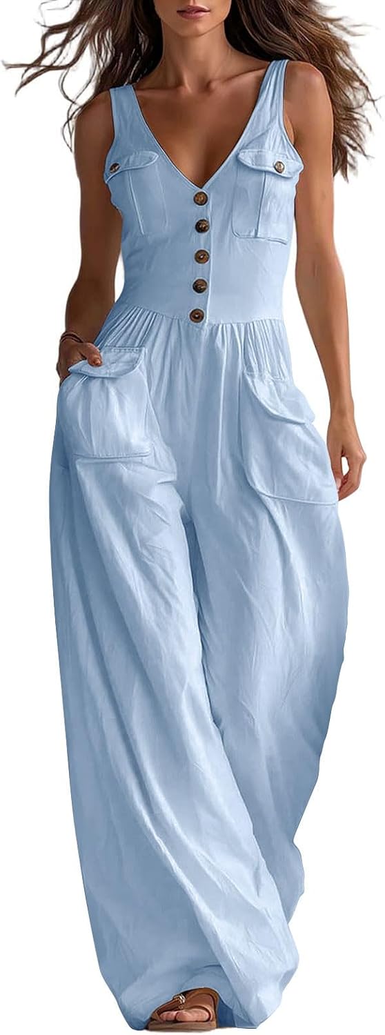 Sleeveless Jumpsuits for Women Cotton Button V-Neck Tank Loose Fit Pleated Oversized Bootcut Rompers with Pockets