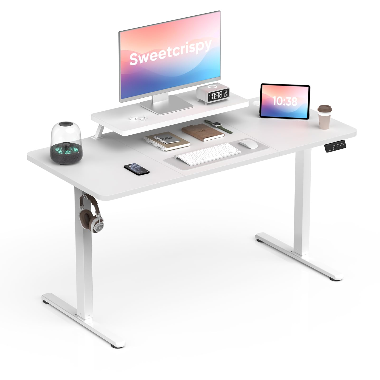 Sweetcrispy Höhenverstellbarer Schreibtisch mit Monitorständer, 140 x 60 cm Schreibtisch Höhenverstellbar Elektrisch, Ergonomischer Steh-Sitz Tisch, Computertisch Standing Desk, Weiß