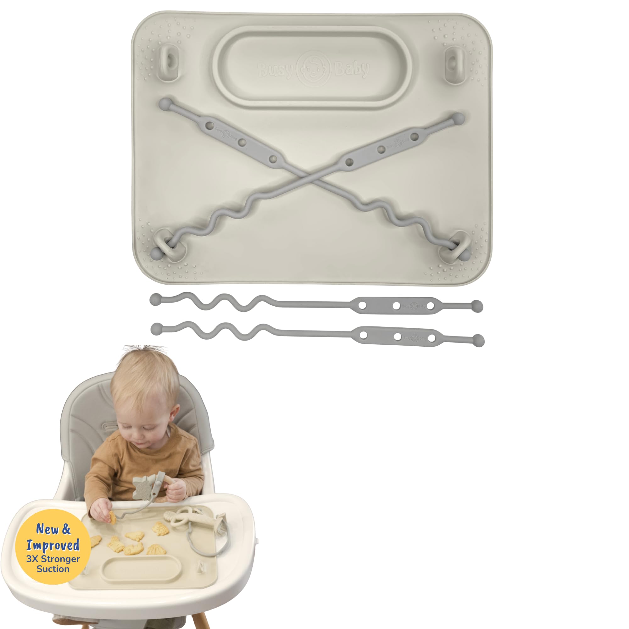 Busy Baby Silicone Suction Mat - Easy-Clean Feeding Placemat Holds in Place. For Babies Aged 4 Months and Up, with Straps for Toys. Aids Self Feeding, Motor and Cognitive Skills Development. Tan