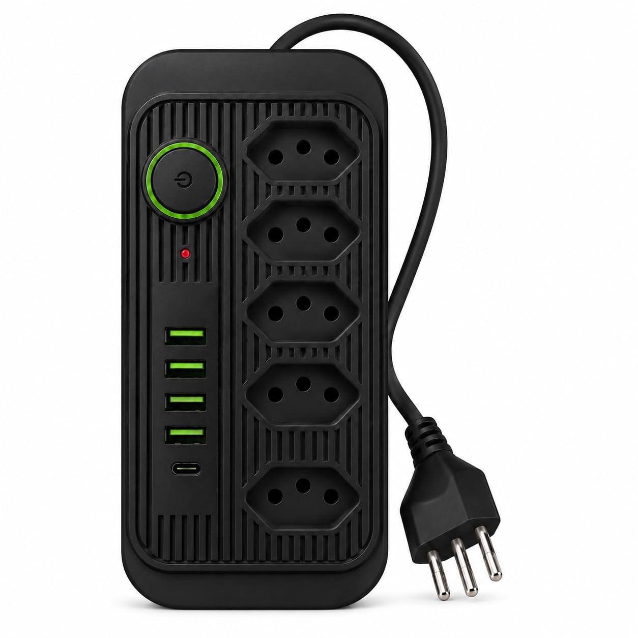 Extensão Filtro de Linha 5 Tomadas com 4 USB e 1 USB-C, nas Cores Preto ou Branco, Cabo 2