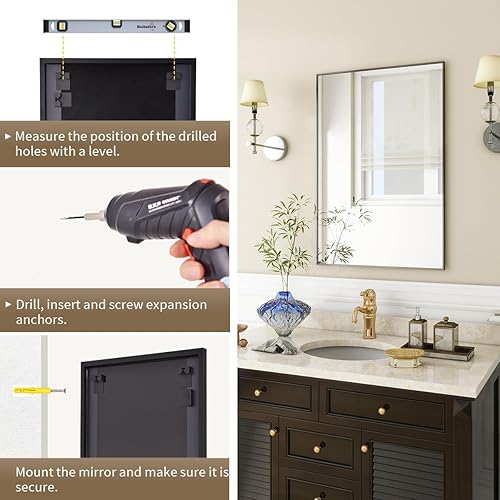 Miniatura 5 de BEAUTYPEAK Espejo de pared negro para baño, espejo rectangular de 20 x 28 pulgadas con marco de metal, se cuelga horizontal o vertical para sala de