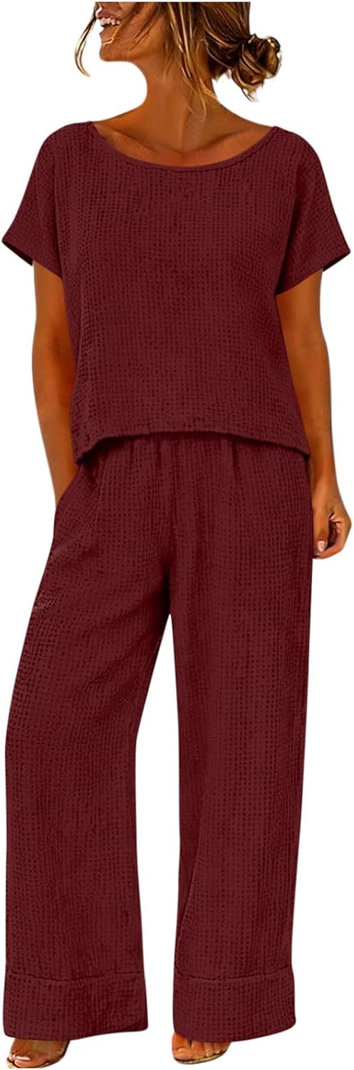 HGps8w Waffle Two Piece Sets for Women Summer Lounge Sets Short Sleeve Crew Neck Sweatsuit Airport Travel Matching Outfits