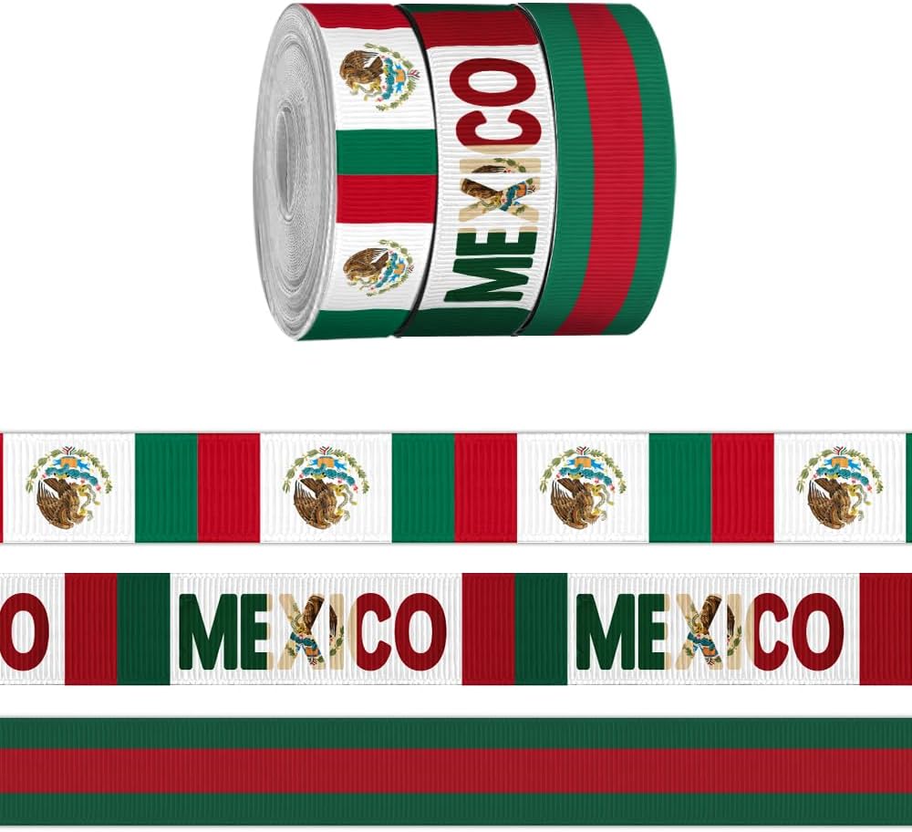 3 Rolls 15 Yards 5/8" Width Mexico Ribbon for Crafting Sewing, Green Grosgrain Ribbons for Gift Wrapping, Country Volunteer Ribbons for Hair Bow Accessories