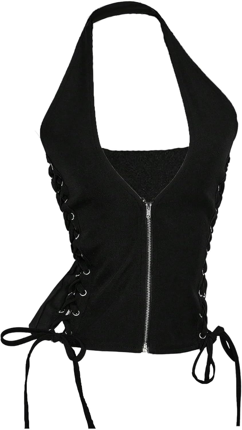 Floerns Women's Y2k Lace Up Halter Top Zip Up Deep V Neck Sleeveless Going Out Fall Fashion Tops