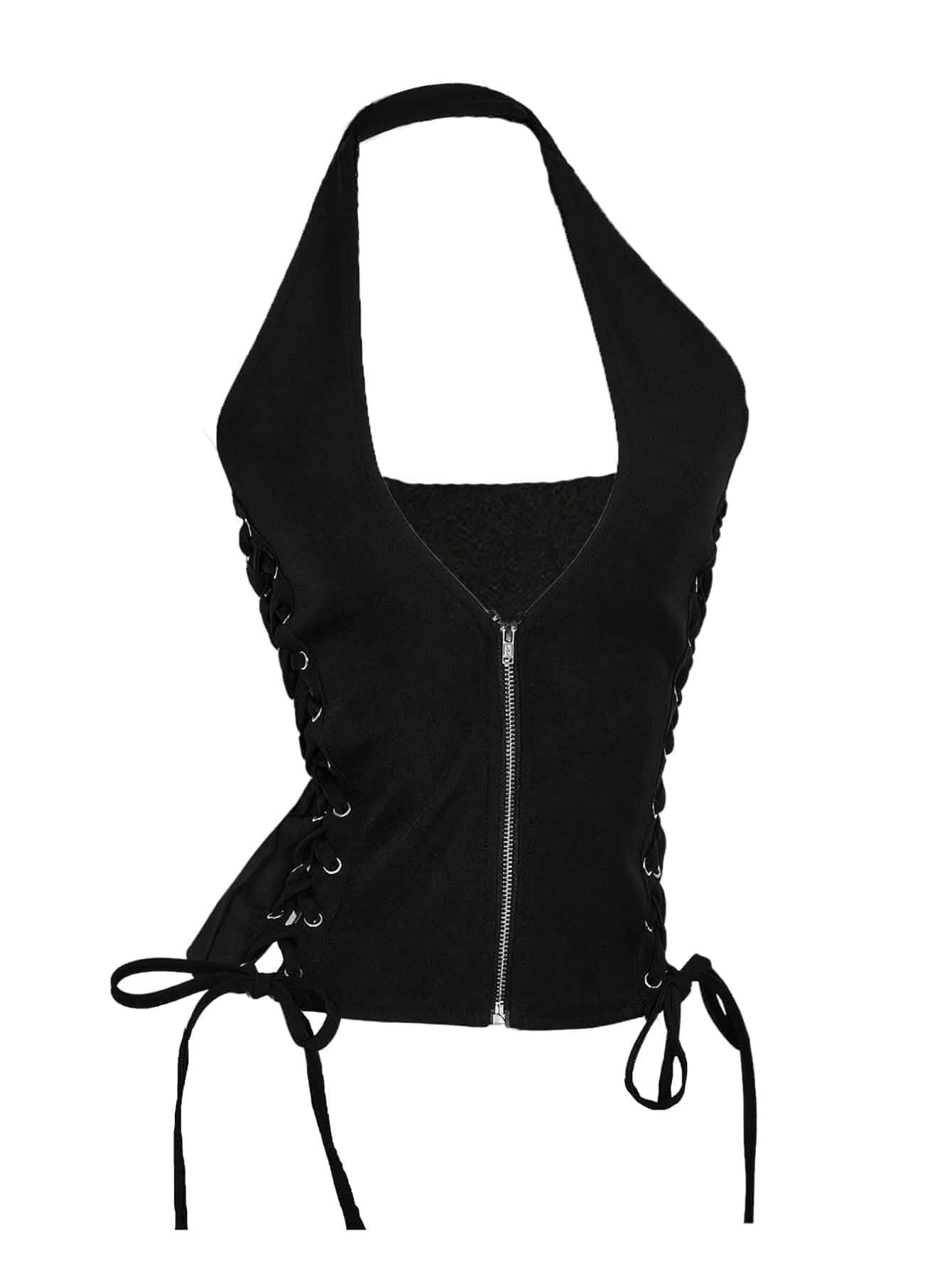 Floerns Women's Y2k Lace Up Halter Top Zip Up Deep V Neck Sleeveless Going Out Fall Fashion Tops Sleeveless