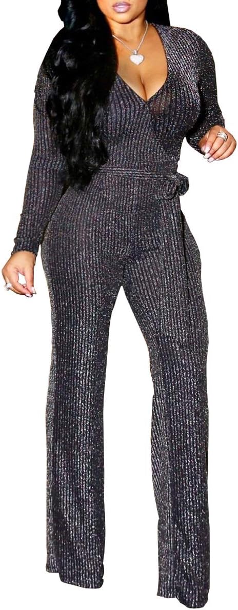 Katblink Women's Sexy Club V Neck Wrap Sparkle Glitter Wide Leg Jumpsuit Romper