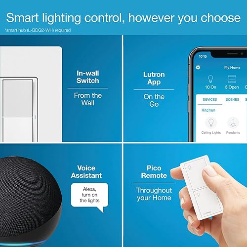 Miniatura 5 de Lutron Claro - Interruptor inteligente para iluminación inteligente Caseta (requiere Lutron Smart Hub), para luces LED y ventiladores, 5 amperios,