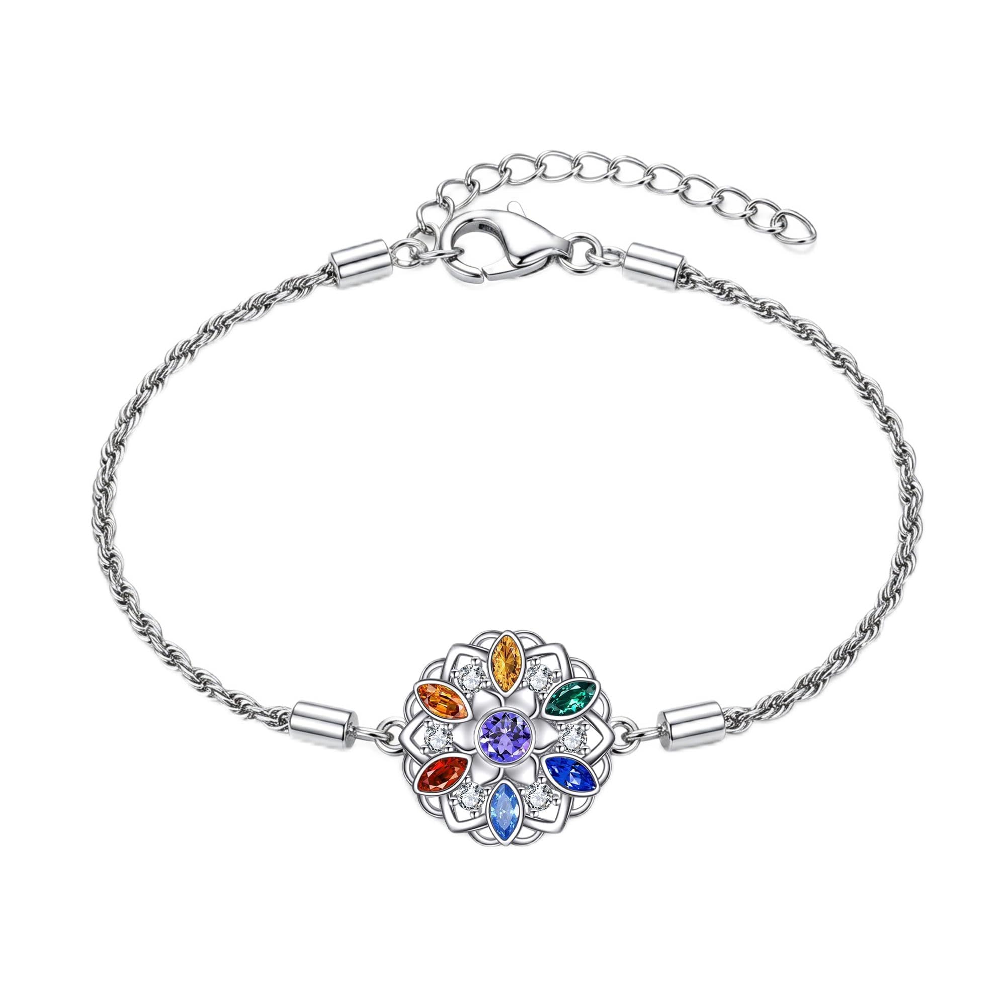 DAYLINLOVE 7 Chakra Armband 925 Sterling Silber Blume des Lebens/Lotus Abalone Muschel Armbänder Chakra Schmuck Geschenk für Damen Frauen Mädchen