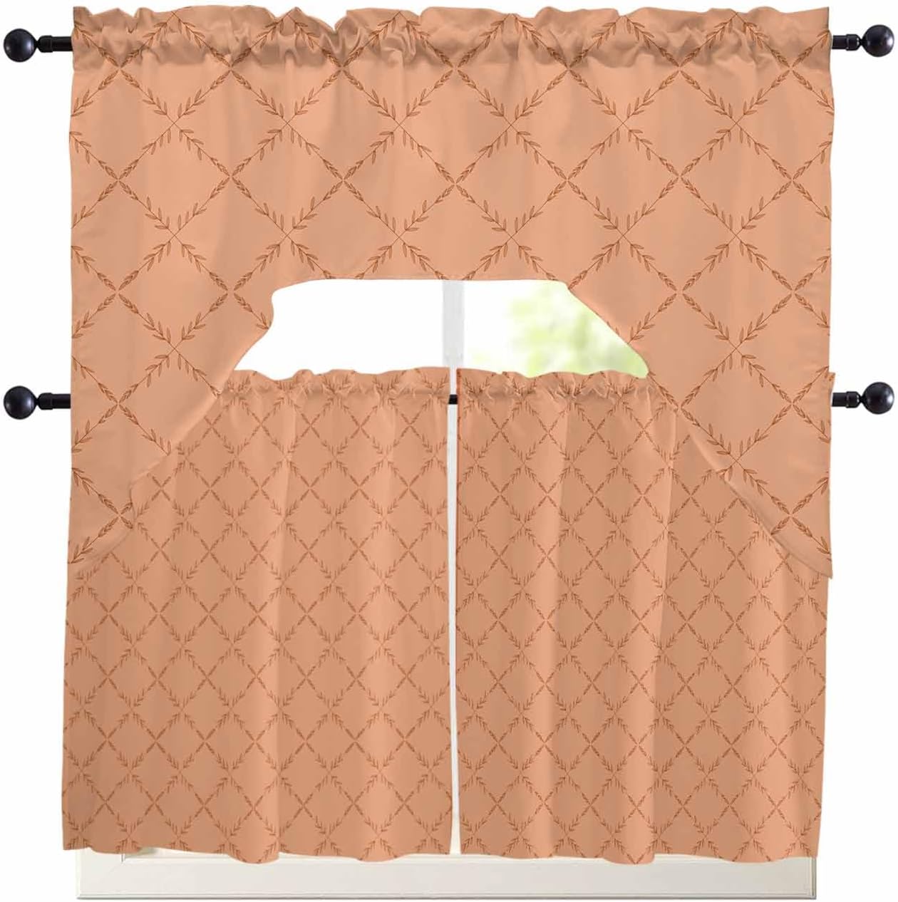 Geometric Orange Swag Kitchen Curtains Valance and Tier Set 36 Inch Length, Trellis Print Gingham Diamond Morocco Tribal Rod Pocket Swag Curtains for Living Room Bedroom Bathroom Window Drapes 3 Piece