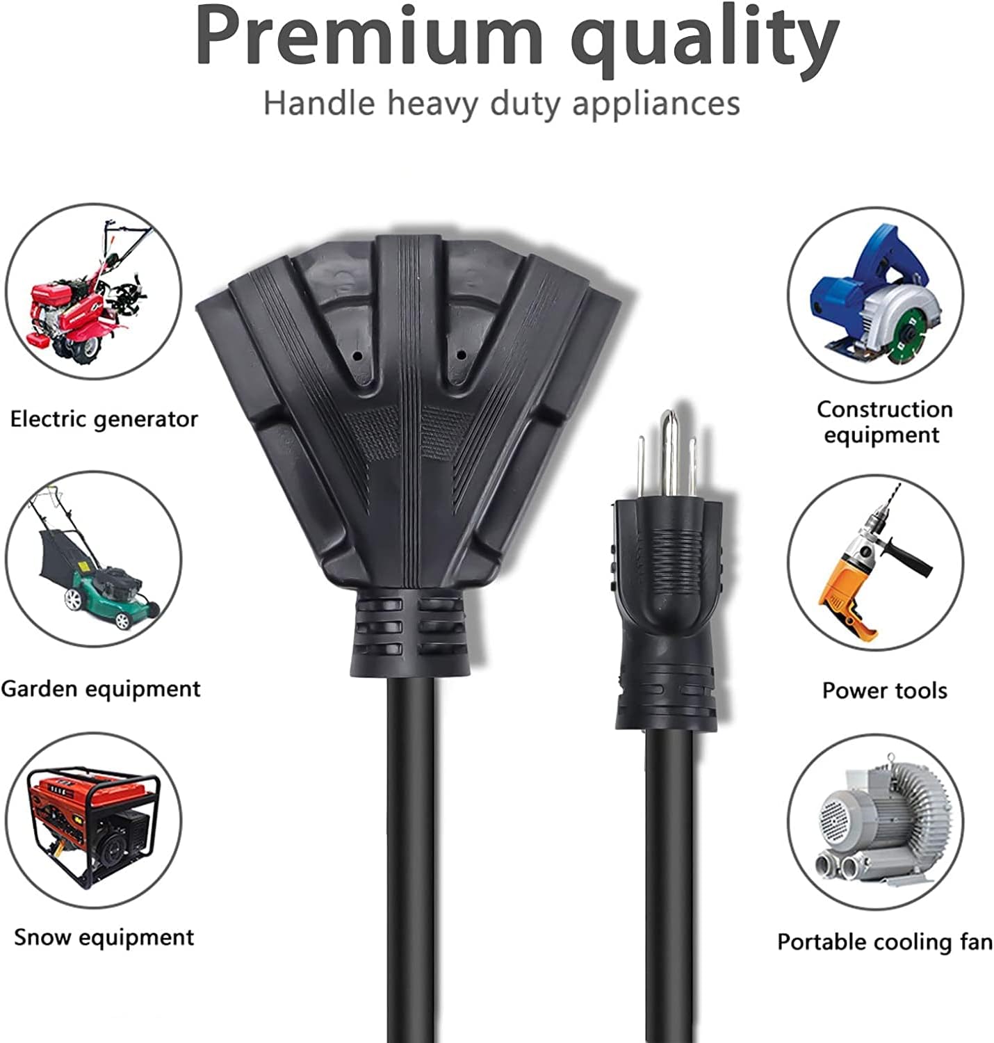 10 FT 12/3 Extension Cord Heavy Duty Black 3-Outlet Indoor/Outdoor SJTW 12-Gauge Grounded Power Cable ,12AWG 15 Amp, 1875 Watts，UL Listed，Safety