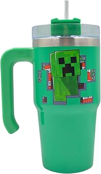 Minecraft 600ml Creeper Thermal Mug Water Bottle + Straw & Lid | Leak Proof Travel Cup | Stainless Steel Vacuum Insulated + Handle - Cold 17Hrs - Hot 5Hrs, Green