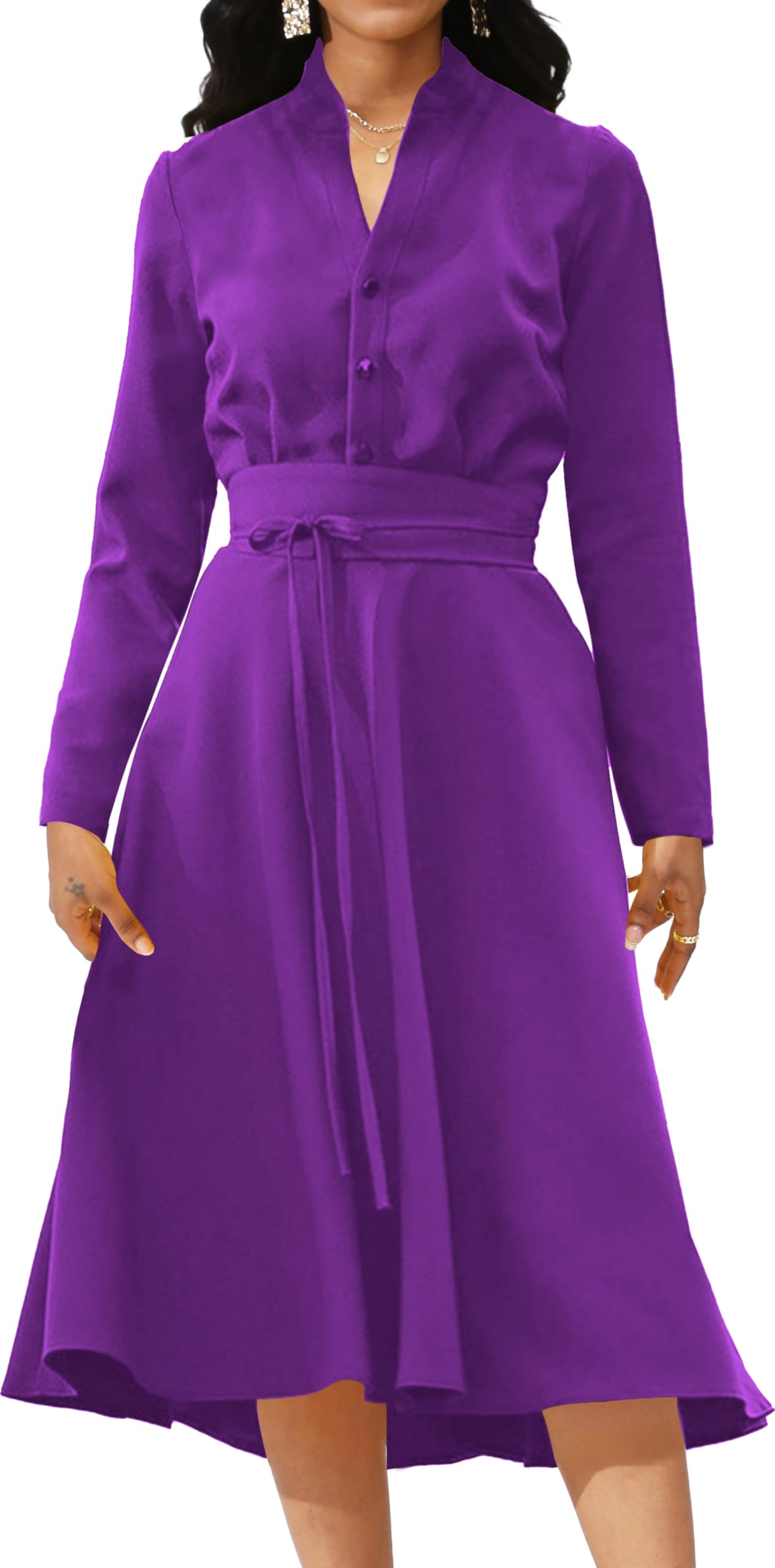 Yiershu Casual Dresses for Women Semi Formal Fit and Flare Dresses Long Sleeve A-line Church Dresses with Waistband
