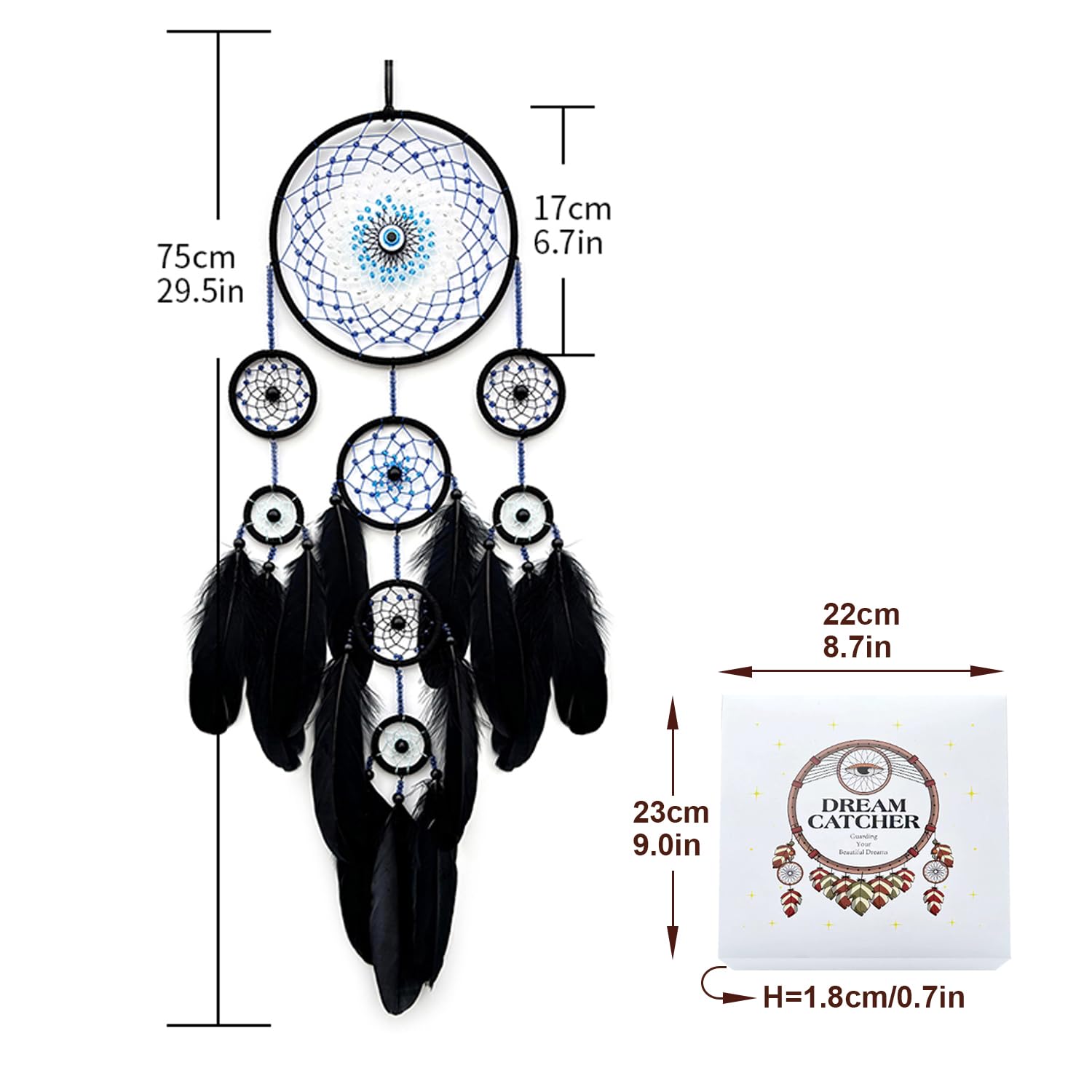 Handmade Evil Eye Dream Catcher for Home Decor, Jiyamony Black Dream Catchers for Adults Bedroom Wall Hanging Decoration with a Evil Eye Car Charm Gift