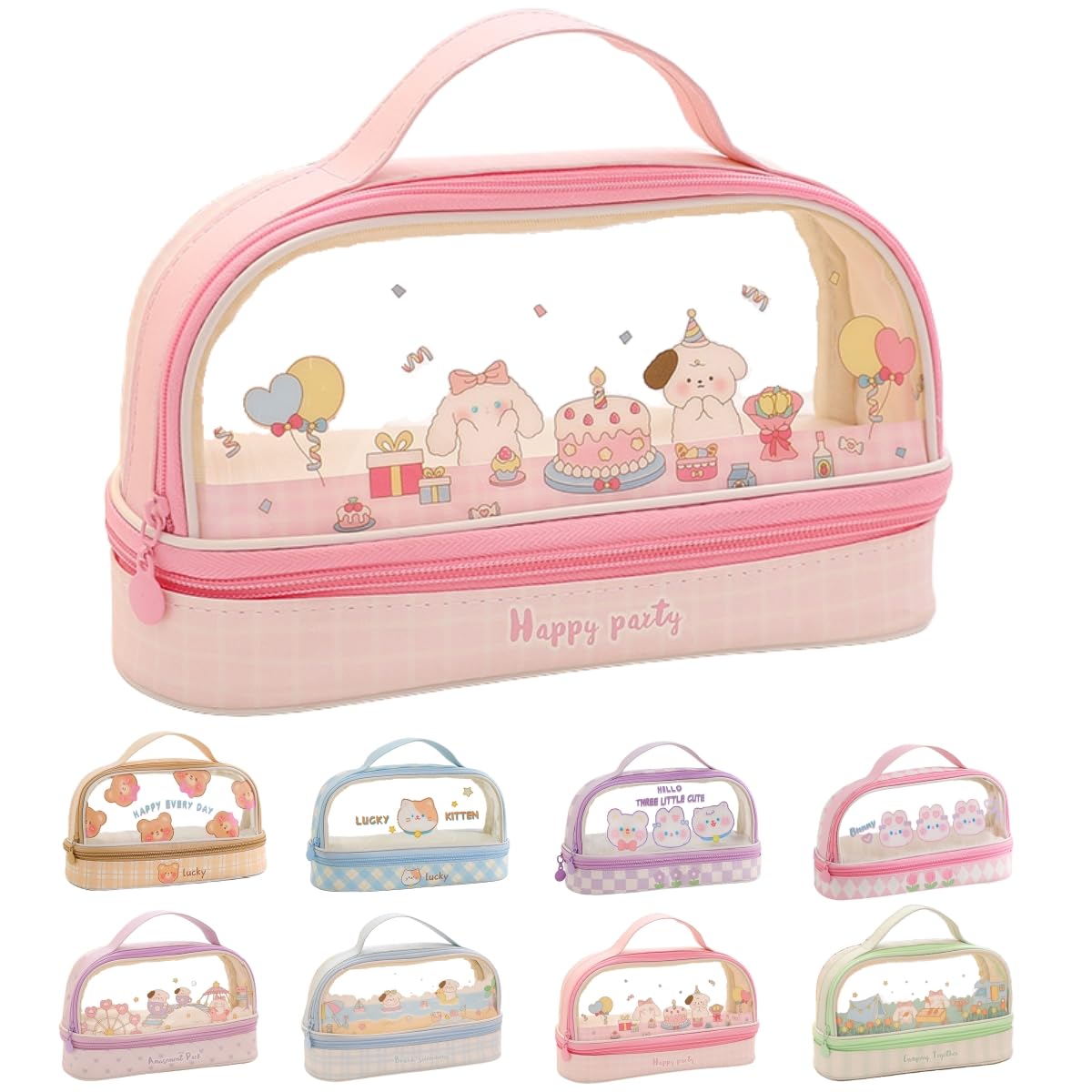 Bunny Pencil Pouch w/Handle Rabbit Kitten Bear Puppy Pen Case Cosmetic Bag Clear Case Transparent Waterproof (Cake-Pink)