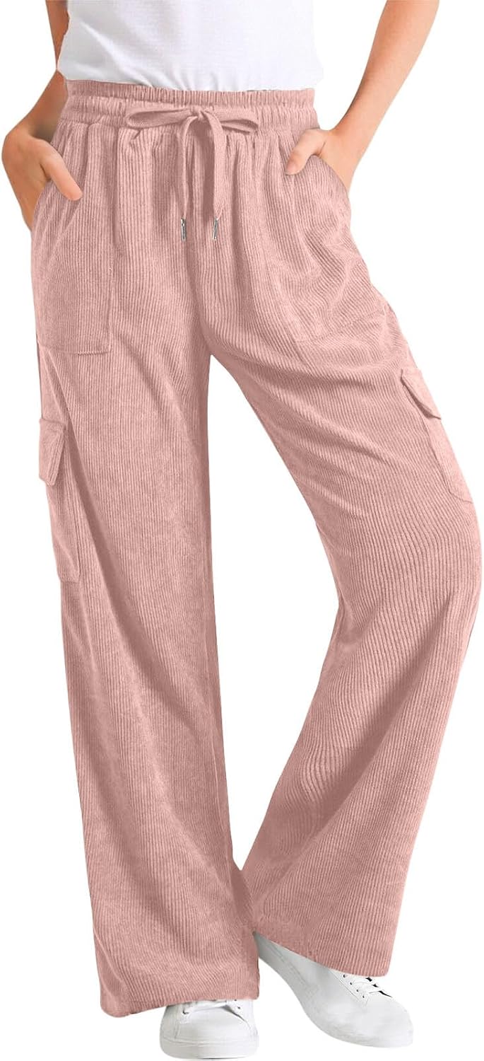 Corduroy Wide Leg Pants for Women Casual Fall Drawstring High Waist Stretchy Loose Cargo Trousers with Pockets
