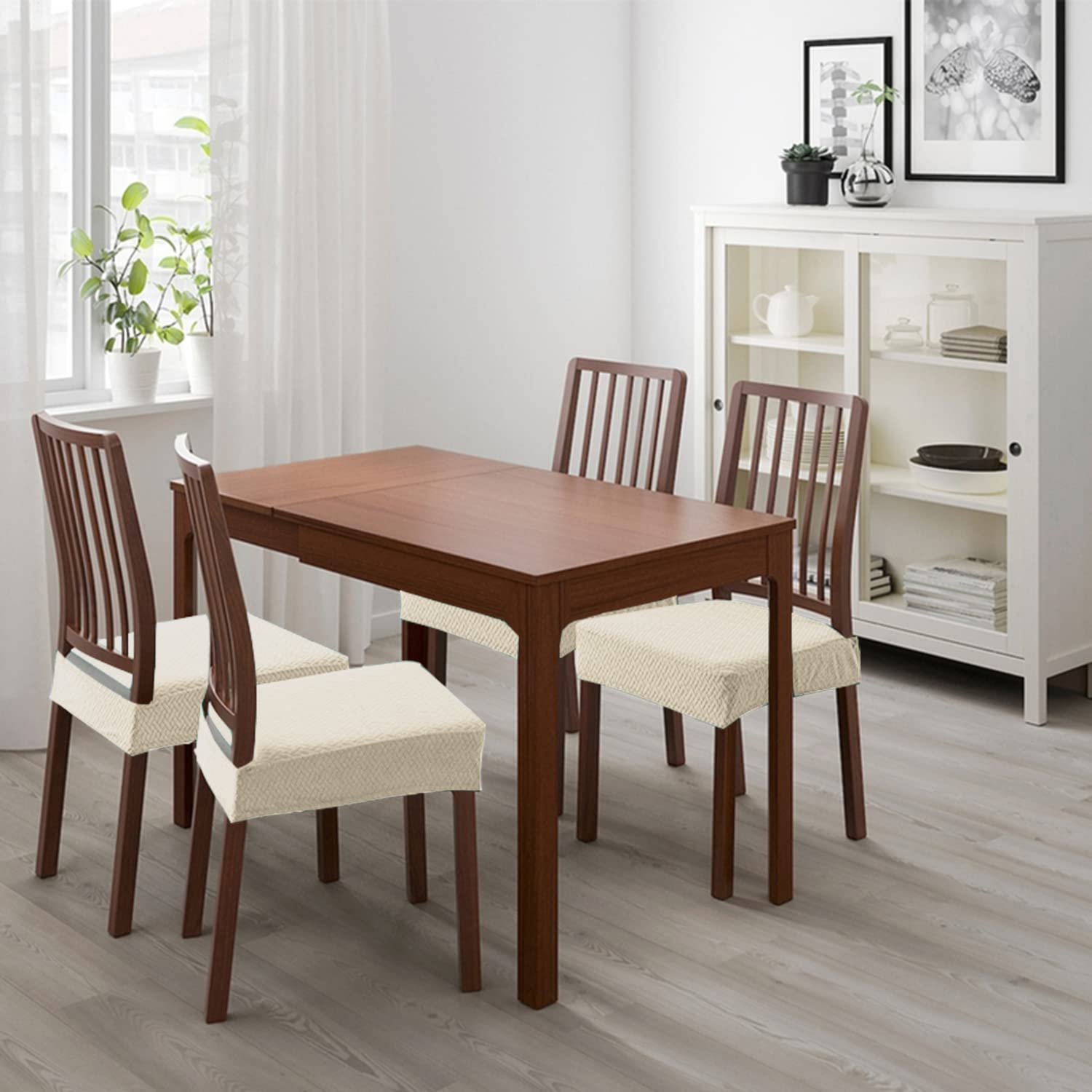 Stretch Treillis Jacquard Housses de Siège de Chaise Imperméables pour Salle à Manger 6 Pcs Beige