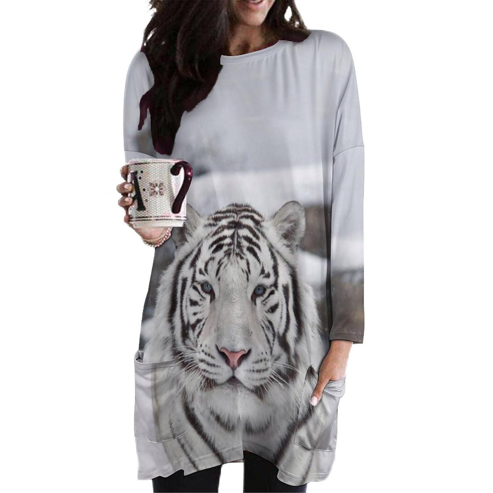 White Tiger in The Snow Women's Long Sleeve T-Shirt Dress with Pockets  Crewneck Tunic Top at Amazon Women's Clothing store