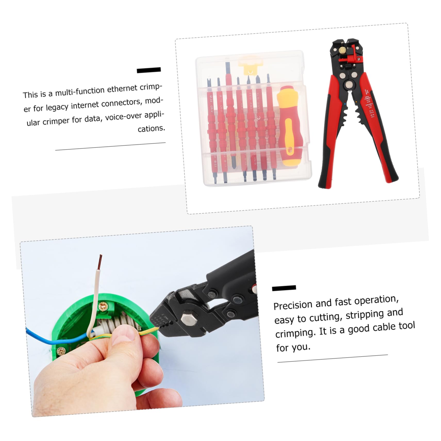 Kit de Herramientas para electricistas Profesionales: 1 Juego de Destornilladores aislados, Pelacables, microdestornillador y Herramienta de crimpado.
