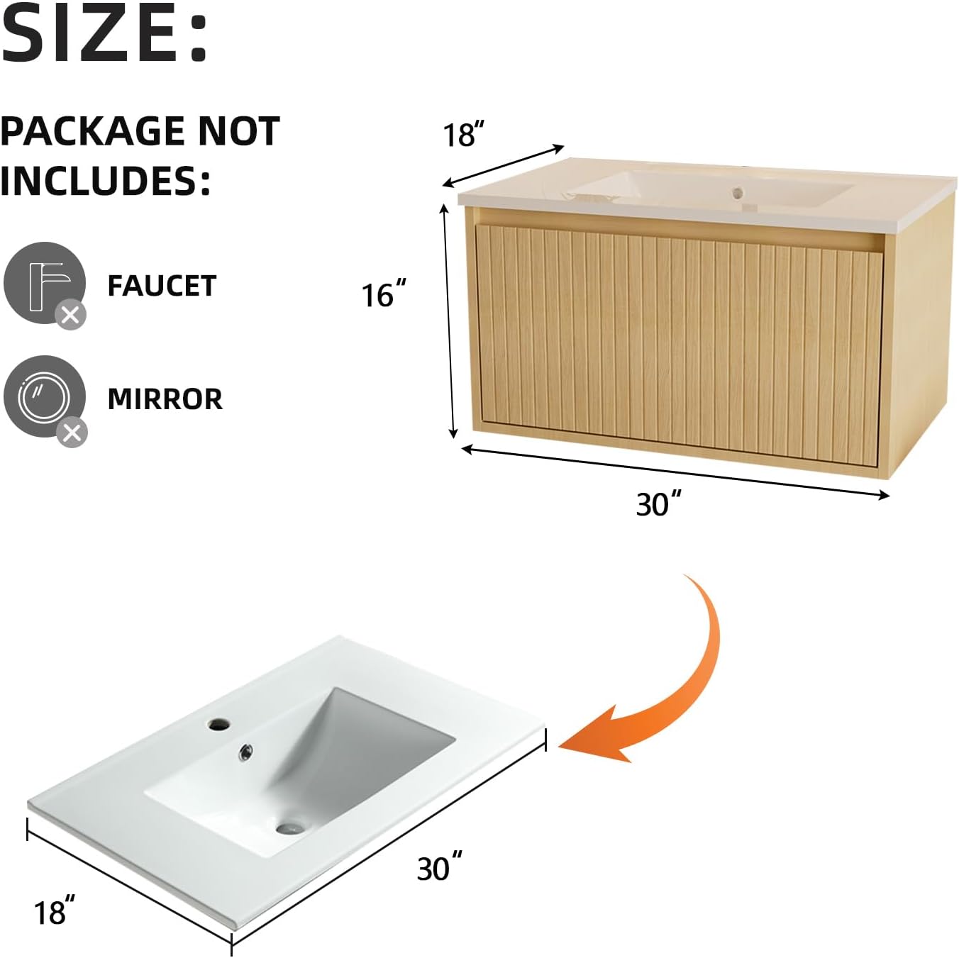30 Inch Bathroom Vanity Cabinet with Sink - Floating Cabinet Single Drawer & Hidden Soft-Close Slide Rails, Ceramic Basin, Mid Century Modern Style, Wood Grain Finish (Oak)
