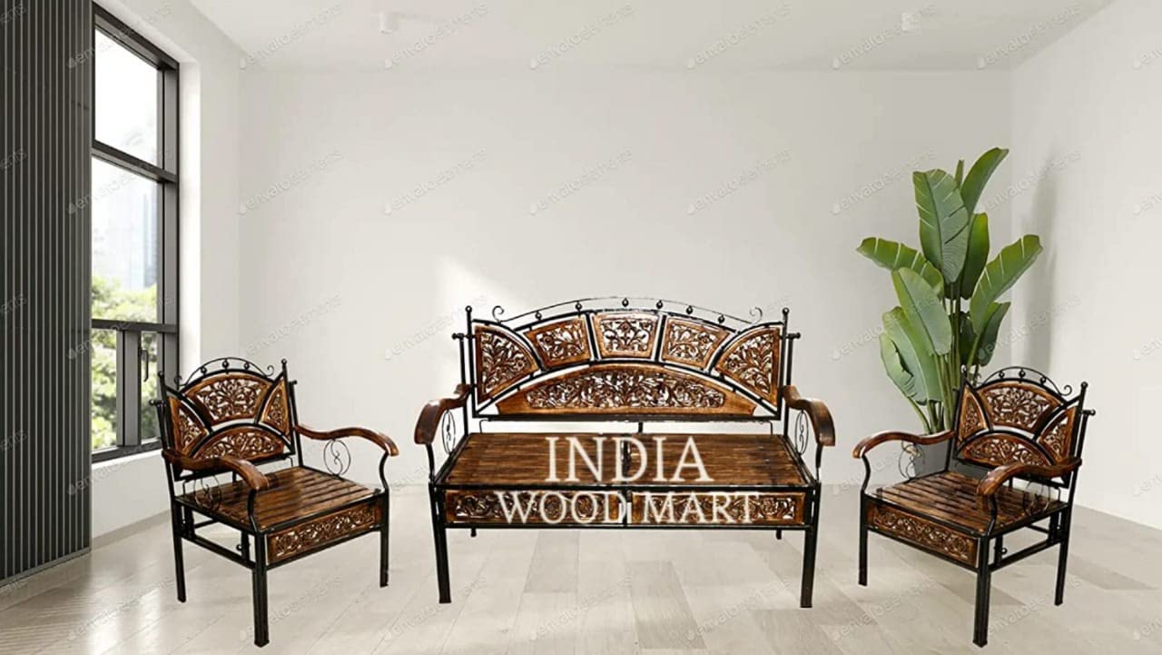Wooden Wrought Iron Chair & Sofa Set Handcrafted Furniture for Living Room (4 Seater) (Wooden Wrought Iron Chair & Sofa Set)-image-11