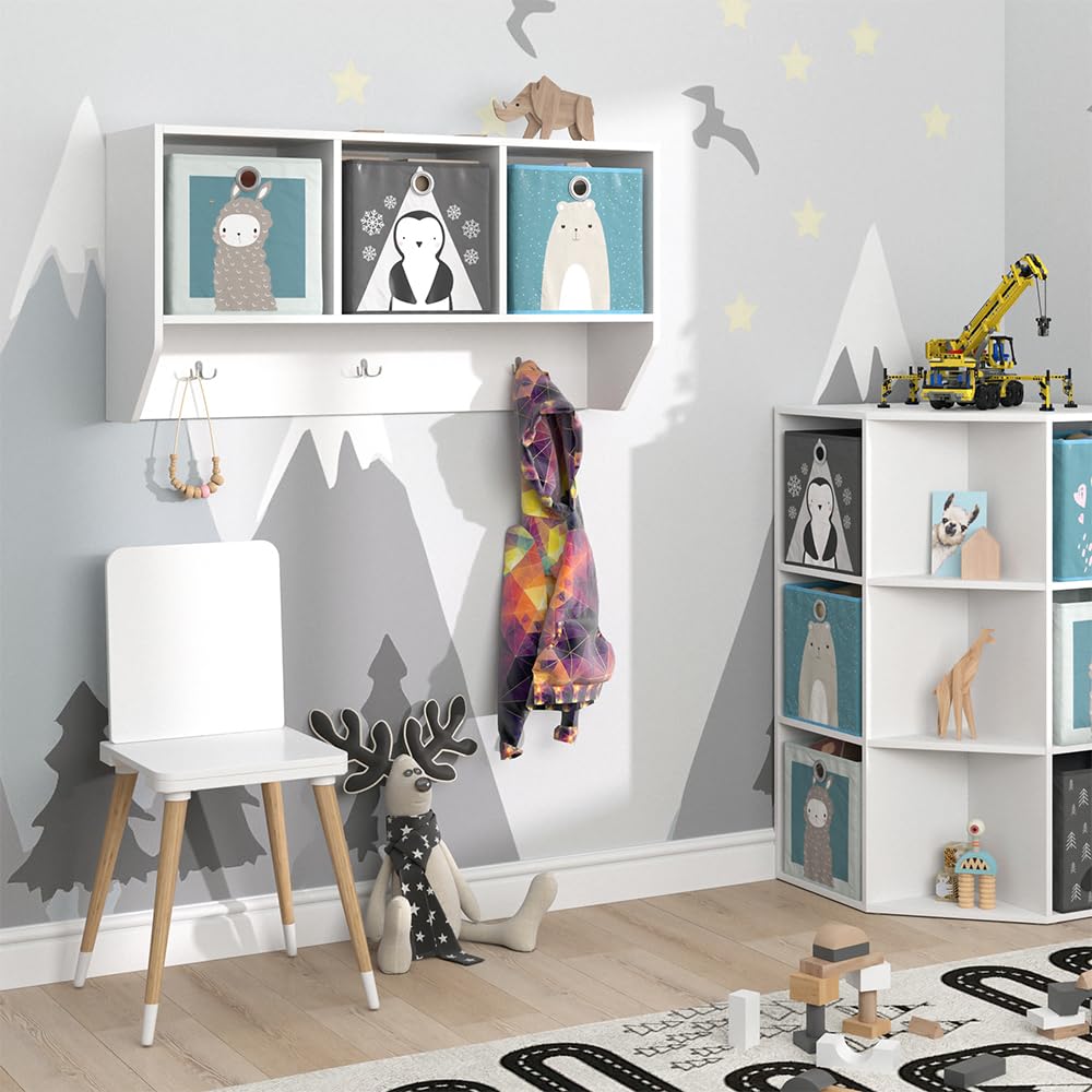Vicco Estante de Pared para habitación Infantil Luigi, Blanco, 107.2 x 56 cm, para Montaje en Pared con estantes Abiertos y Ganchos