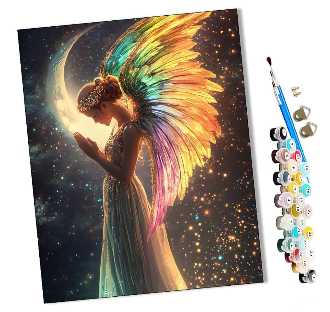 WMZPOY Paint by Numbers Kits for Adults Angel Girl with Colorful Wings with Brushes and Acrylic Pigment DIY Digital Canvas Painting for Adults Beginner-16X20 Inch Frameless