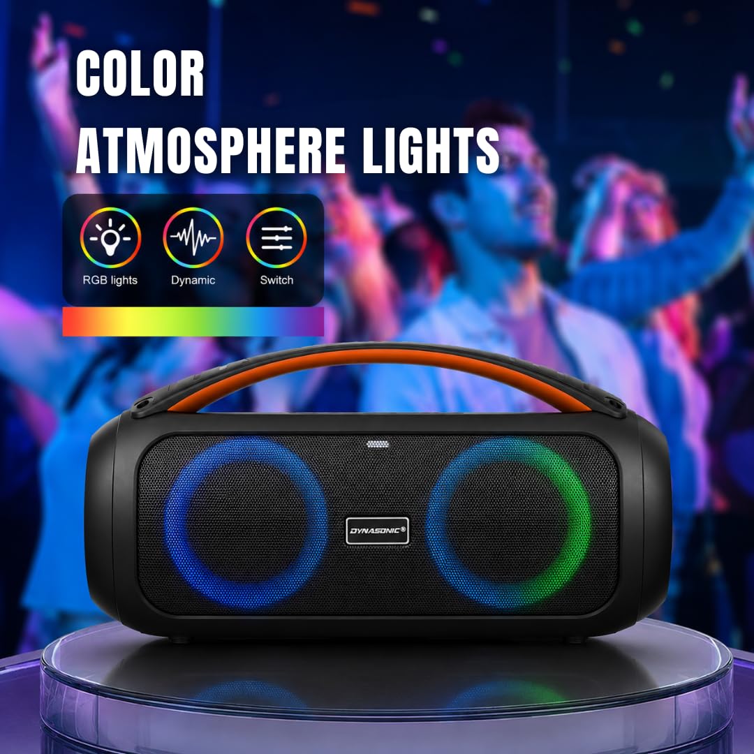 DYNASONIC D93 - Enceinte Bluetooth Portable IPX5 Hautparleur Waterproof. Enceinte d'extérieur sans Fil. Stéréo sans Fil. Lecteur de Son Puissant avec lumières LED intégrées. Micro-SD, USB.