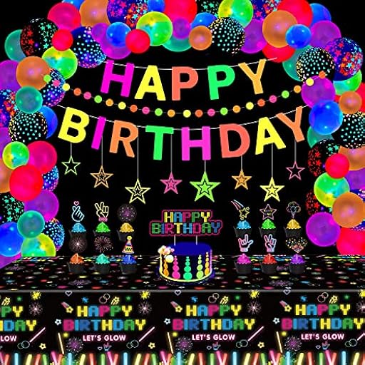 Paquete de 80 Artículos Para Fiestas de Neón Luminoso Decoraciones Luminosas Para Fiestas Set de Decoración Reactiva a la Luz Negra - Banderola, Guirnalda, Estrellas Colgantes, Globos, Mantel de Neón | Ya disponible en tu tienda friki favorita! En mundofriki.es!