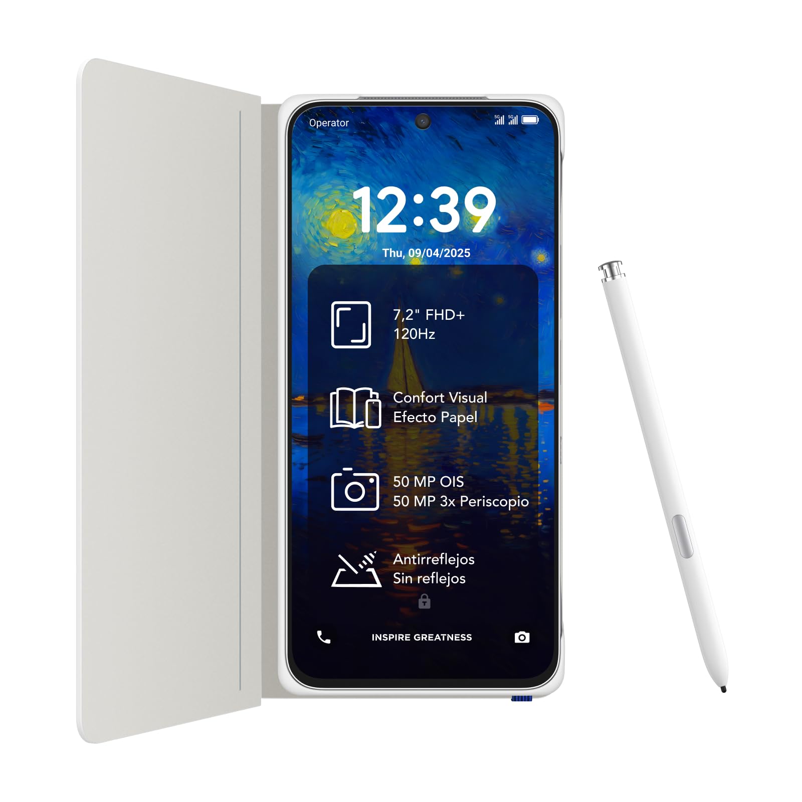 TCL NXTPAPER 60 Ultra 5G Smartphone - Blanco | 7,2" FHD+ 120Hz | NXTPAPER 4.0 | 12 GB + 512 GB | Cámara Triple 50 MP OIS | Batería 5000 mAh | Incluye Funda Flip + T-Pen | T-Pen Compatible