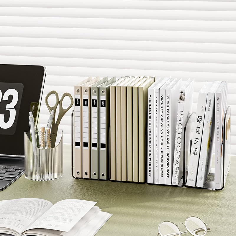 Image of Apexx Adjustable Plastic Desktop Bookshelf - 4-Compartment Book & Magazine Holder | Sturdy Desk Organizer Rack for Students, Office & Home Use - White