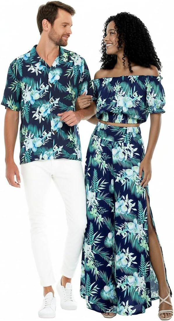 Matchable Couple Hawaiian Luau Shirt Smock Top Wide Legged Pants in Orchid Breeze Navy