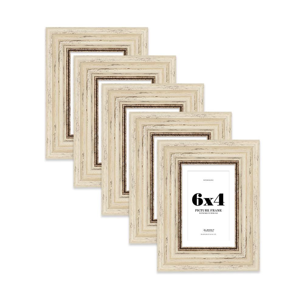 6x4 Distressed Cream Picture Frame - 6x4 Frame with 5x3 Mount for 6x4/5x3 Pictures Art Deco Style Decorative Wall Display Frame, 5 Pack