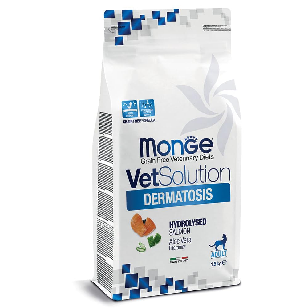 Monge VetSolution Dermatosis Feline Hydrolysed Salmon - Salmone con Aloe Vera per Gatti - Confezione da 1,5 Kg
