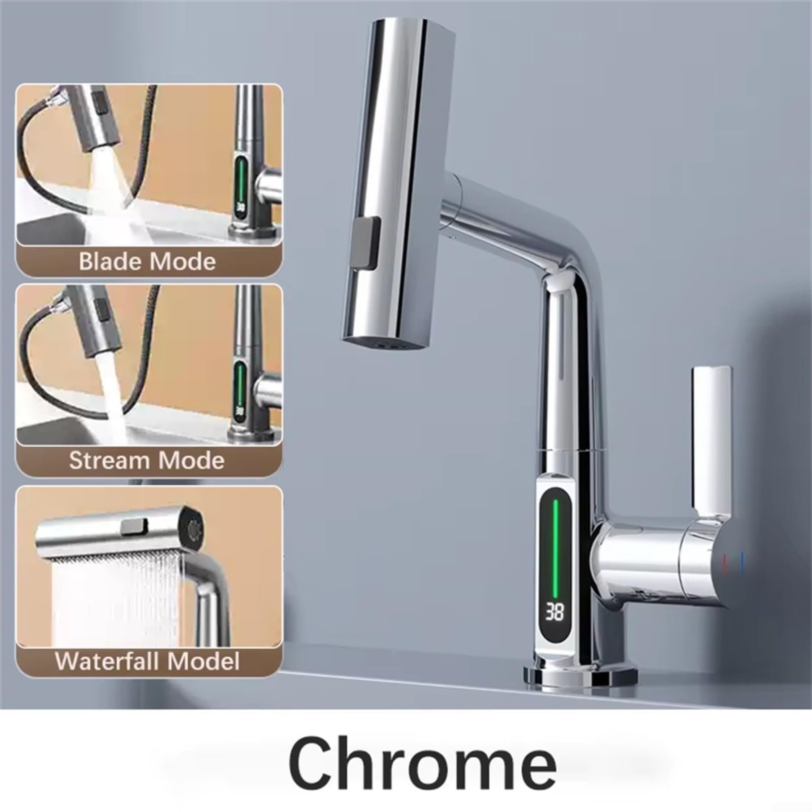 Grifo de cocina extraíble con sensor de temperatura giratorio de 360 grados, grifo mezclador de latón para baño, lavandería, RV, blanco (blanco)