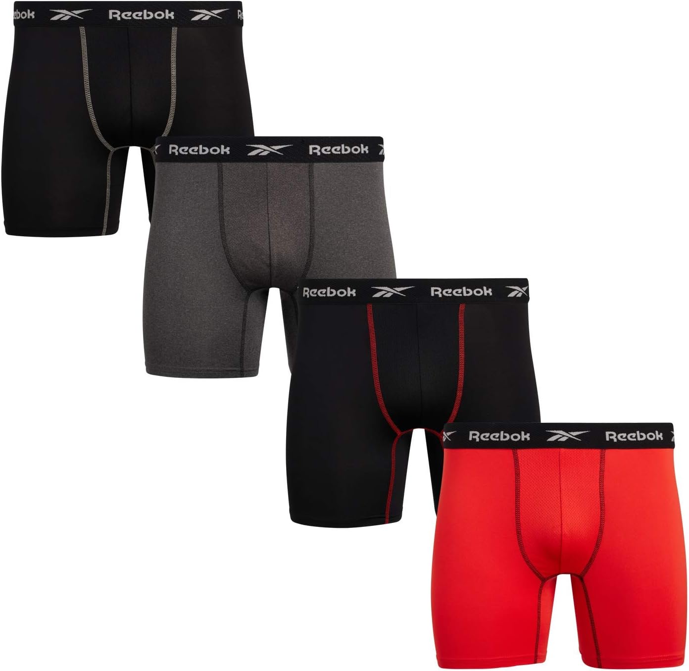 Reebok Men's Boxer Briefs – 4 Pack Quick Dry Moisture Wicking Performance Mens Underwear - Stretchy Soft Boxers for Men S-XL, Size Small, Black/Orange/Charcoal