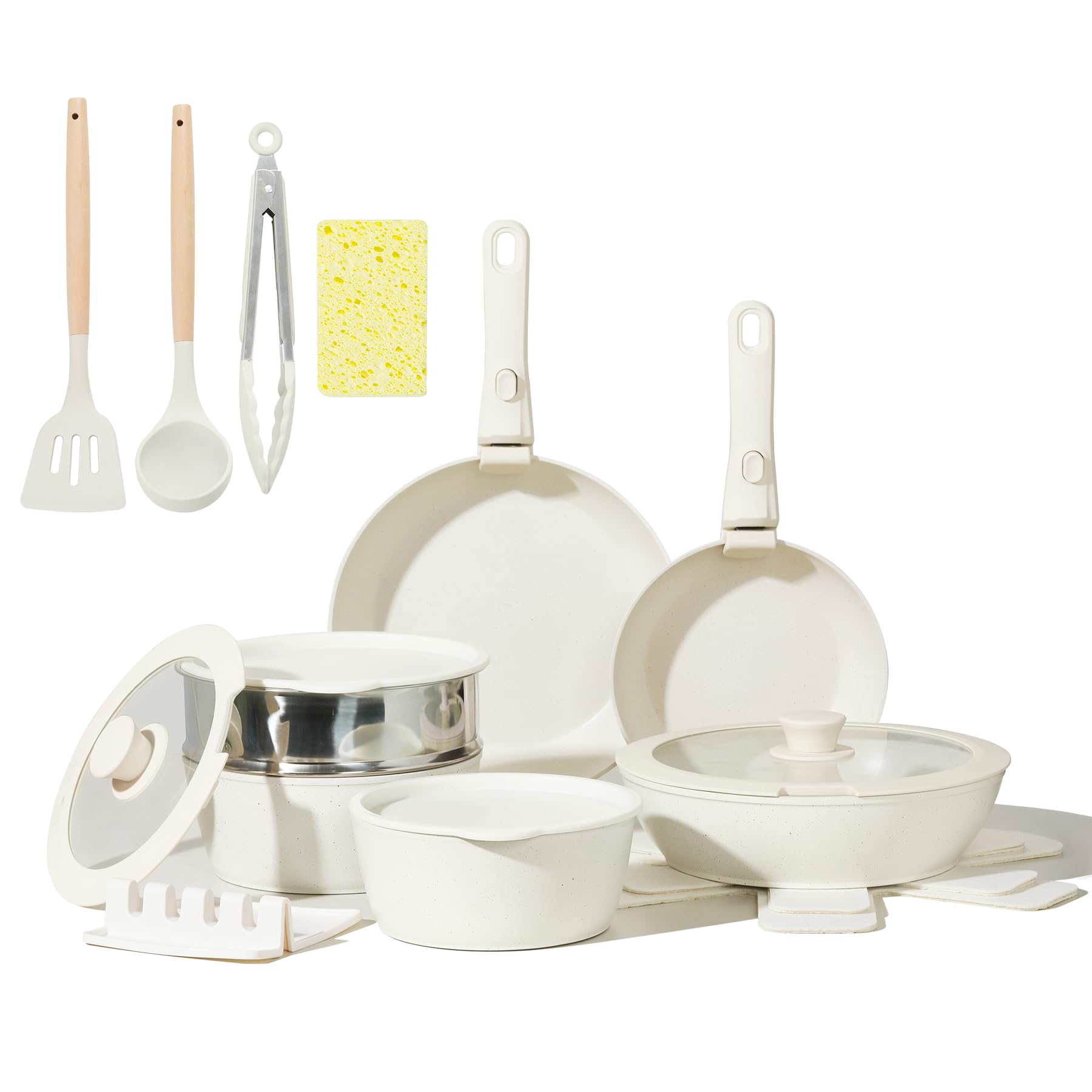 BECIGAR Nonstick Ceramic Cookware Set 21PCS with Detachable Handle, Pans and Pots Set, RV Kitchen Set Cookware Set, with Removable Handles, Oven Safe, Induction Ready, Stackable Non-stick Set