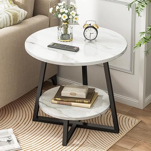 Miniatura 3 de Mesa de Centro Round Sofa Side Table White Slate Top Small Coffee Table 2-Tier Modern Minimalist Nightstand Cross Shaped Metal Frame for Living Room