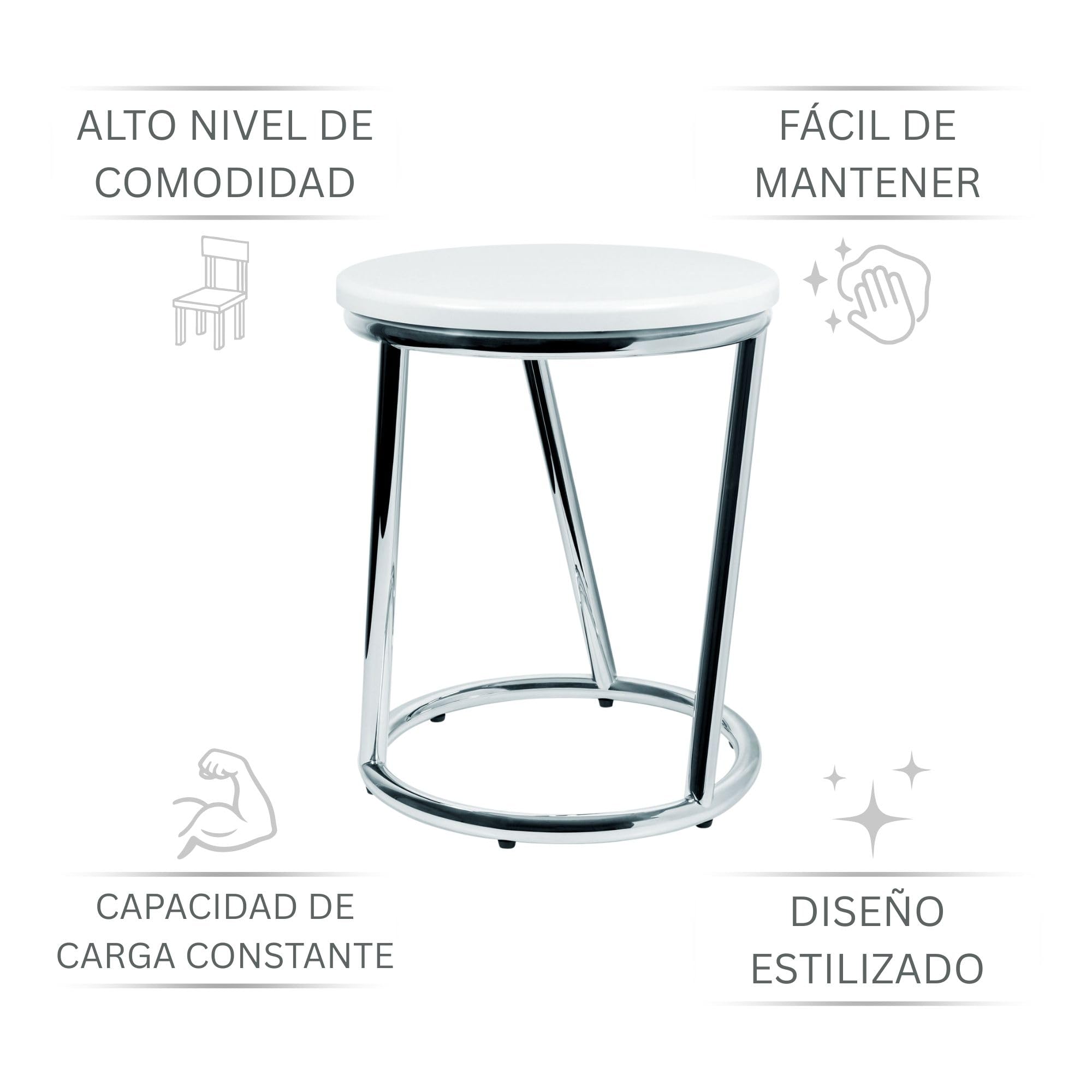 Taburete de Baño Salina – Taburete Redondo de Metal Cromado Brillante – Taburete Robusto con Asiento Blanco Diseño Bar – Taburete Multiusos Baño y Cocina