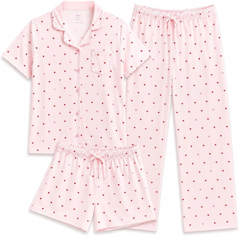 Girls Pajama Set 3 Piece, Short Sleeve Button Down PJs with Shorts & Pants, Soft Sleepwear Girls & Tweens Size 5-16